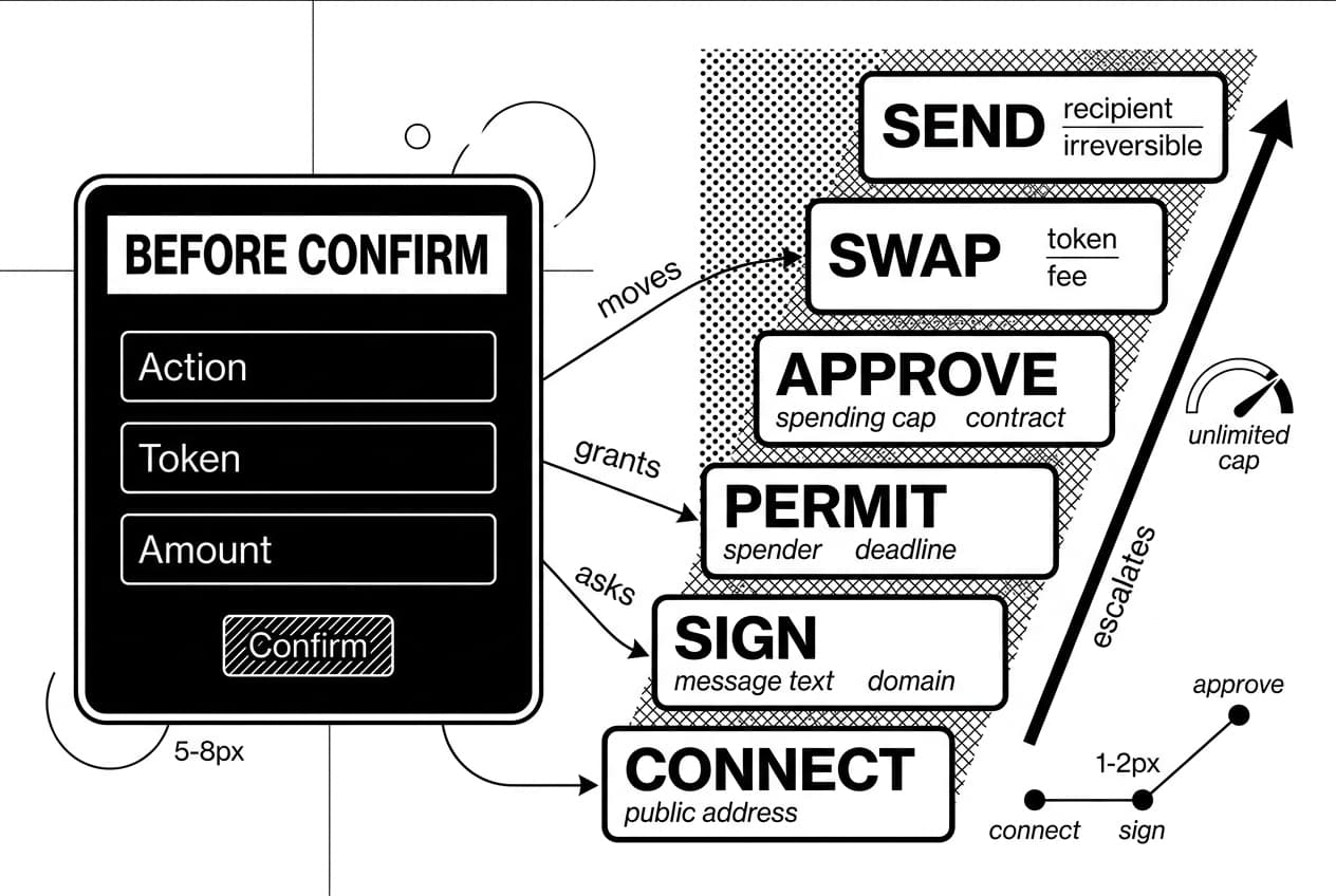 Monochrome infographic showing wallet confirmation prompts and escalating crypto phishing attack risks.