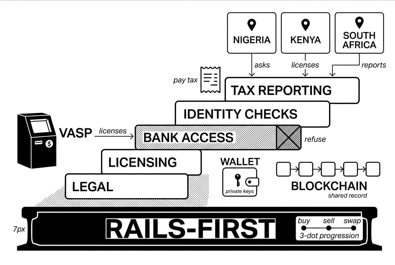 Diagram shows Crypto Regulation in Africa across NIGERIA, KENYA, SOUTH AFRICA compliance rails.