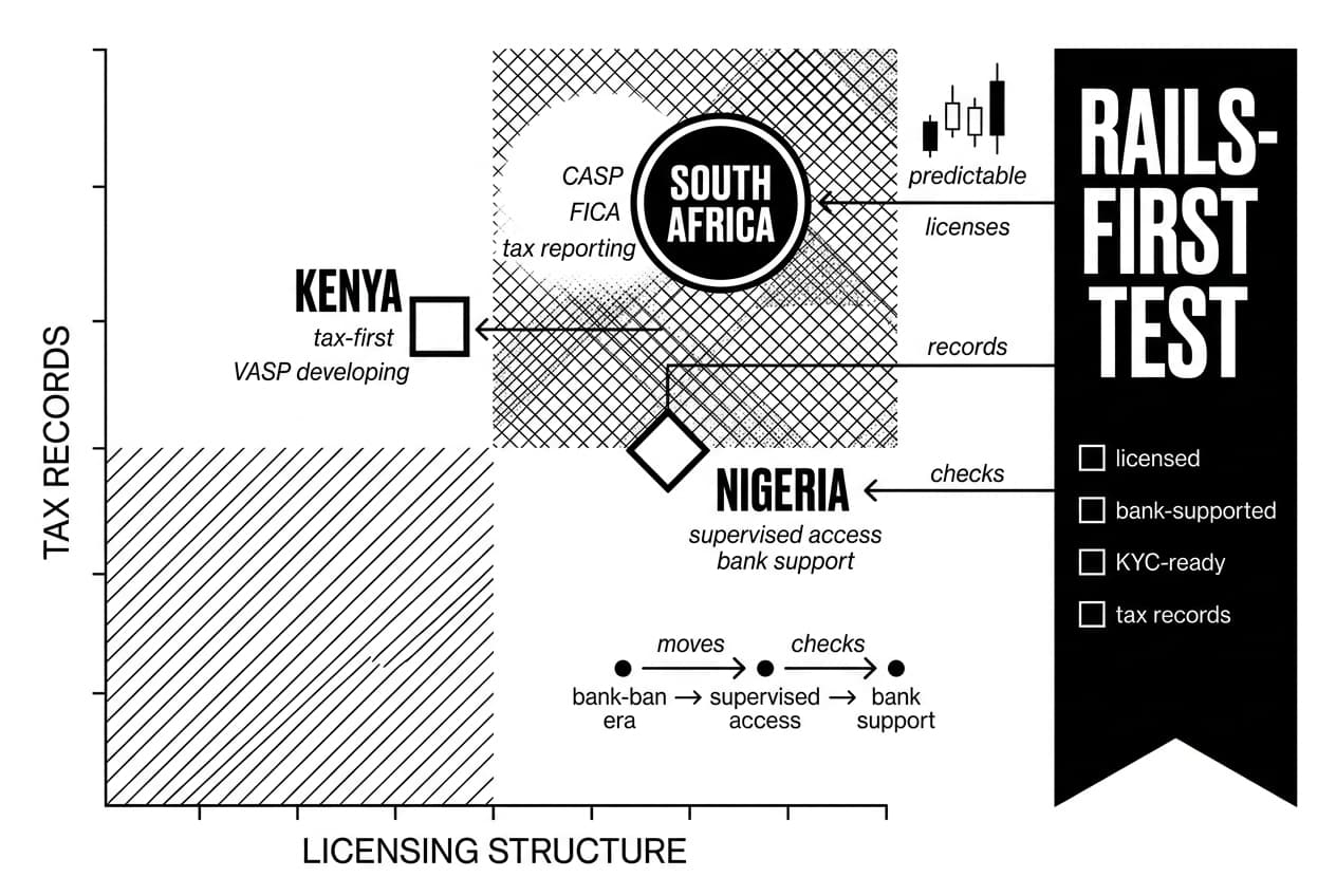 Monochrome crypto regulation quadrant comparing Nigeria, Kenya, and South Africa readiness.