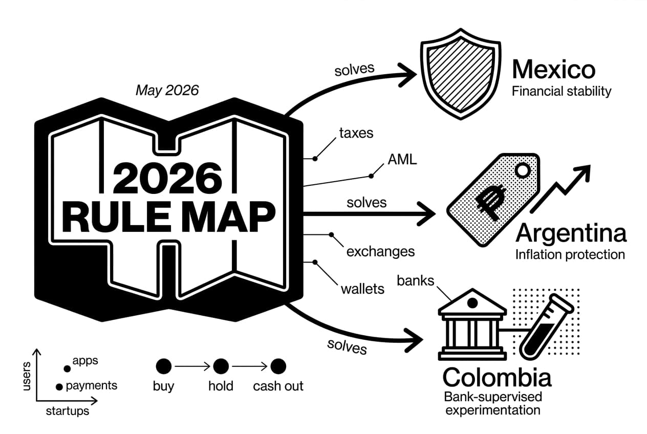Black-and-white 2026 crypto regulation map connecting Mexico, Argentina, and Colombia policy themes.