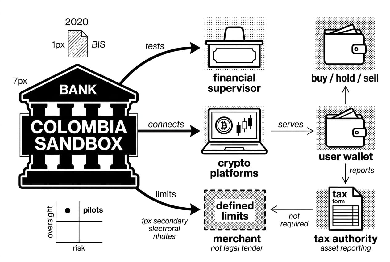 Colombia crypto regulation infographic shows COLOMBIA SANDBOX, BIS note, bitcoin platforms, limits, taxes.