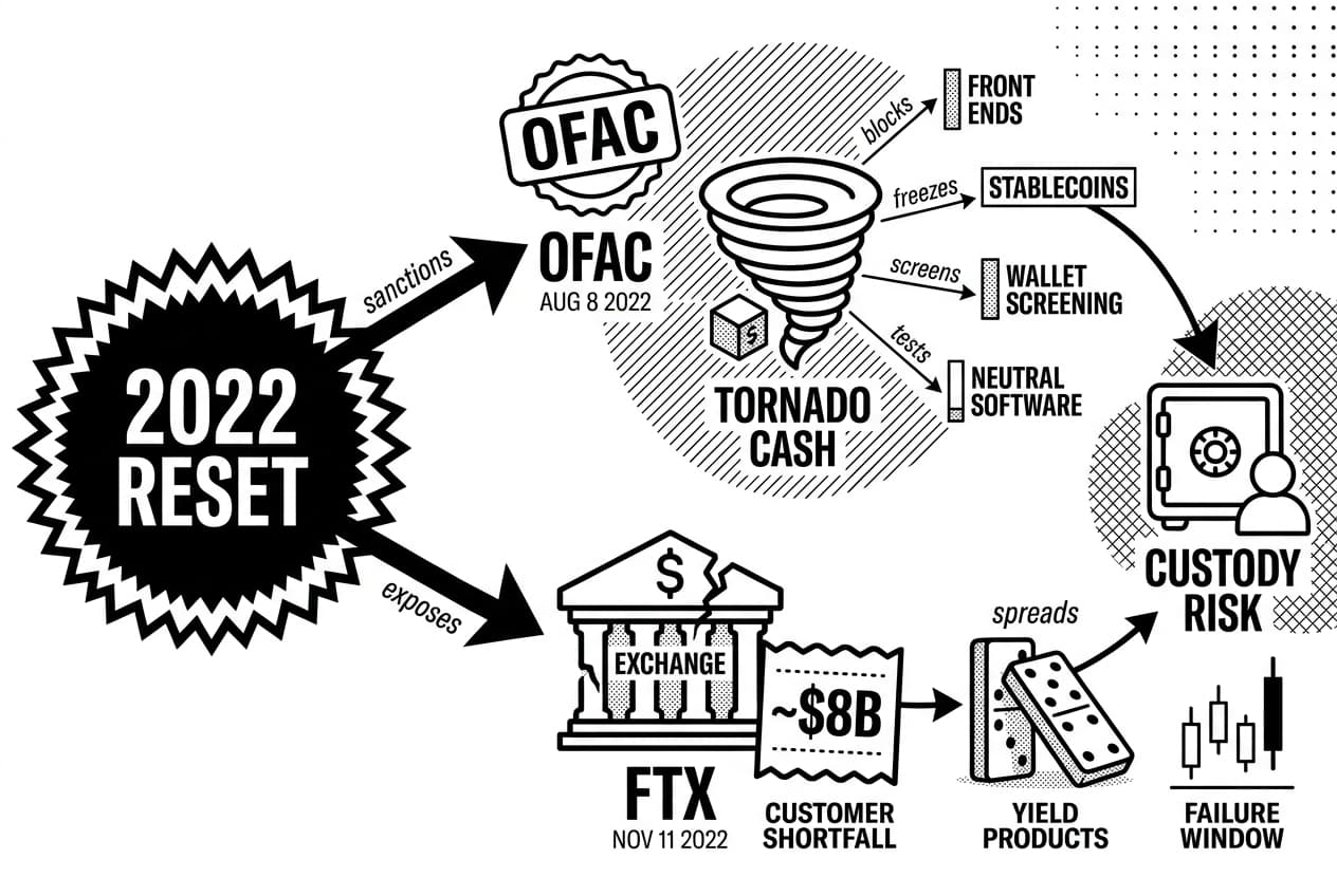 Crypto regulation timeline infographic linking OFAC, Tornado Cash, and FTX to custody risk.
