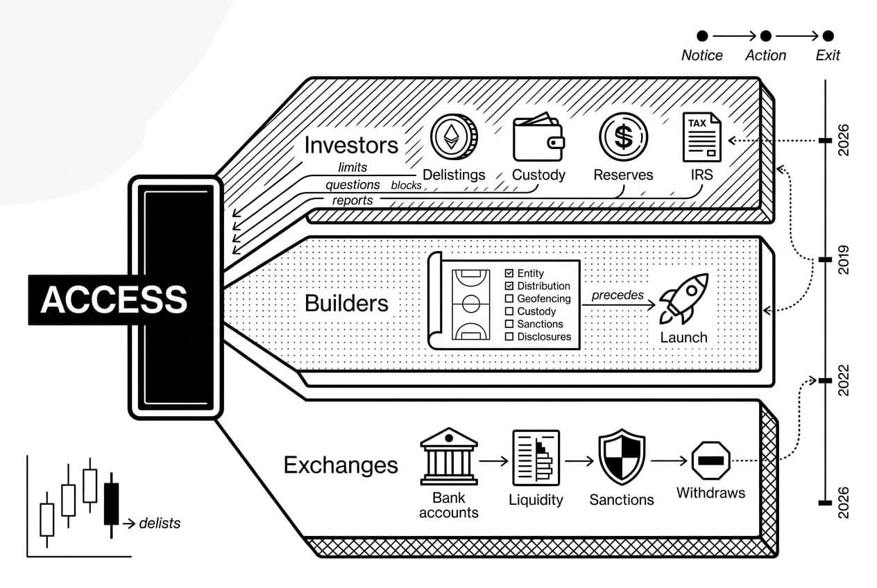 Monochrome crypto regulation timeline showing ACCESS gate impacts on Investors, Builders, Exchanges, and IRS.
