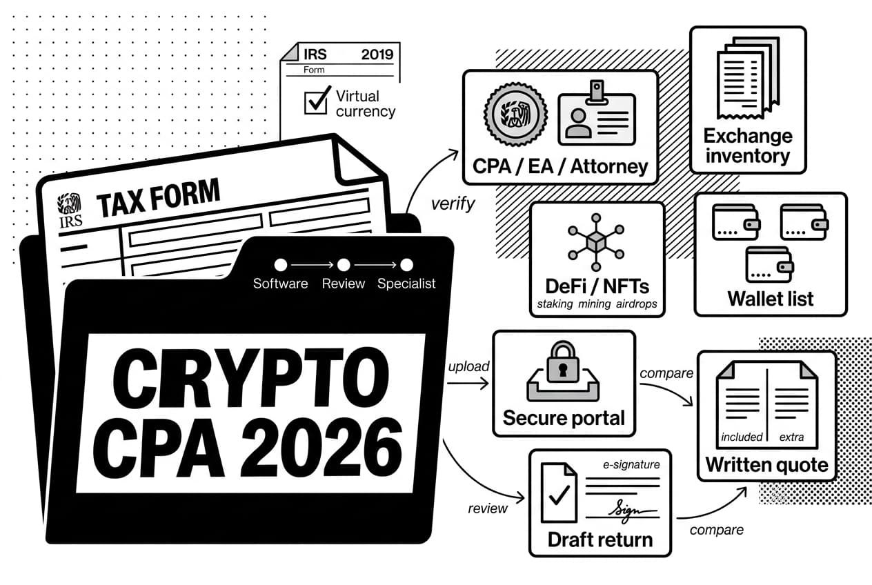 Monochrome crypto tax accountant checklist with folder, IRS note, and CPA verification cards