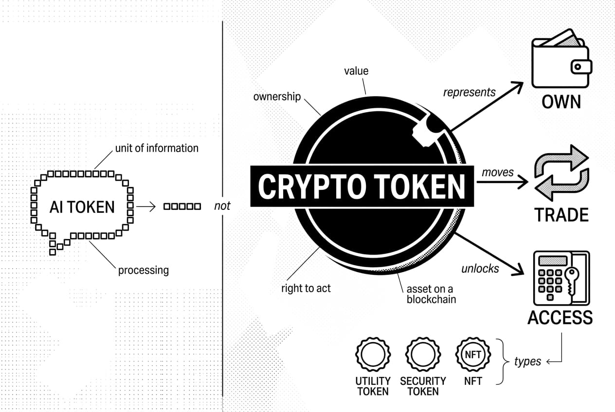 Split infographic comparing AI token blocks and a crypto token coin with wallet, trade, access icons.
