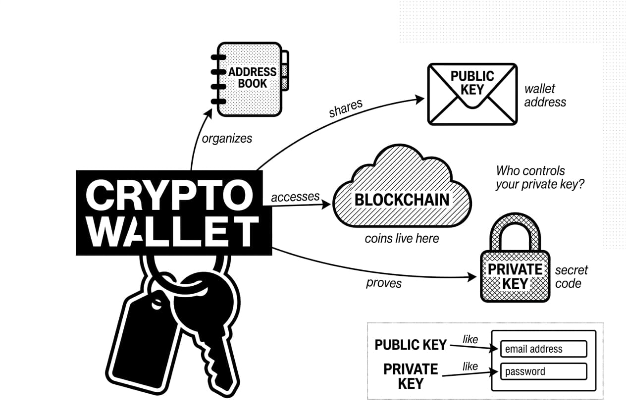 Monochrome crypto wallet diagram showing keychain linking blockchain, public key, and private key.