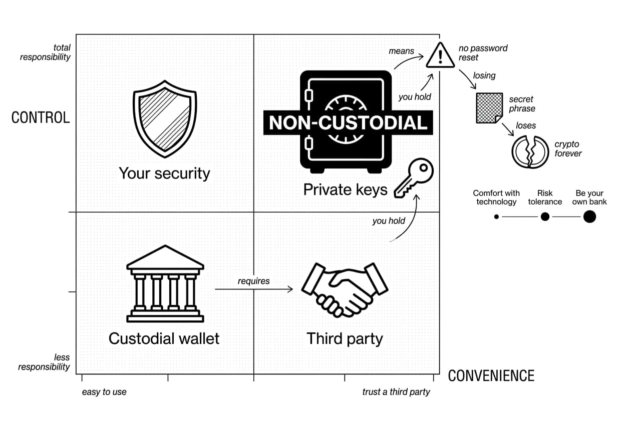 Monochrome decision matrix comparing custodial and non-custodial crypto wallets with icons and arrows.