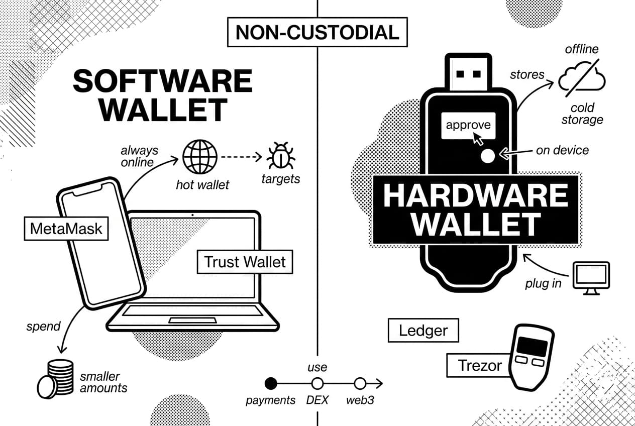 Split infographic comparing software and hardware non-custodial wallets with security notes and examples.