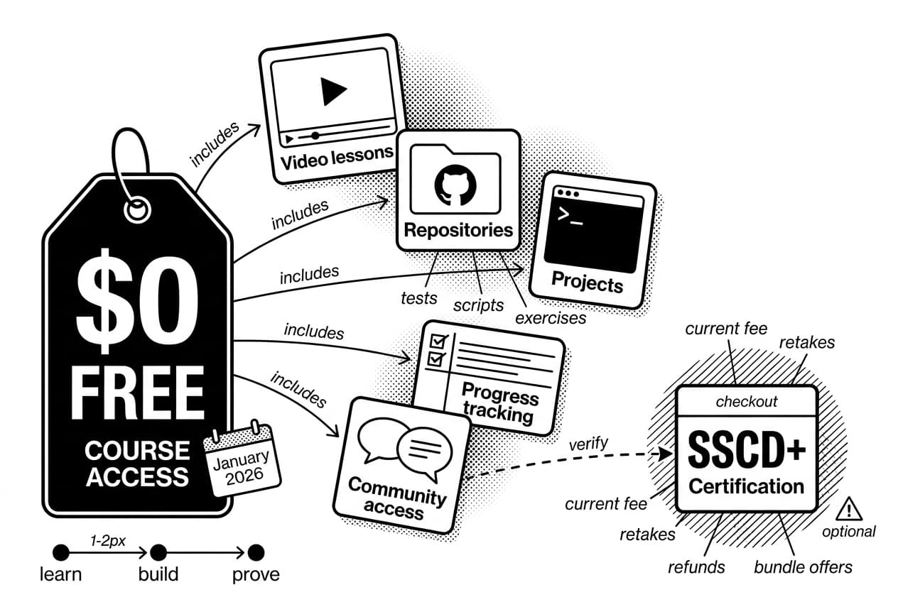 Cyfrin Updraft pricing infographic shows $0 course access and optional SSCD+ certification.