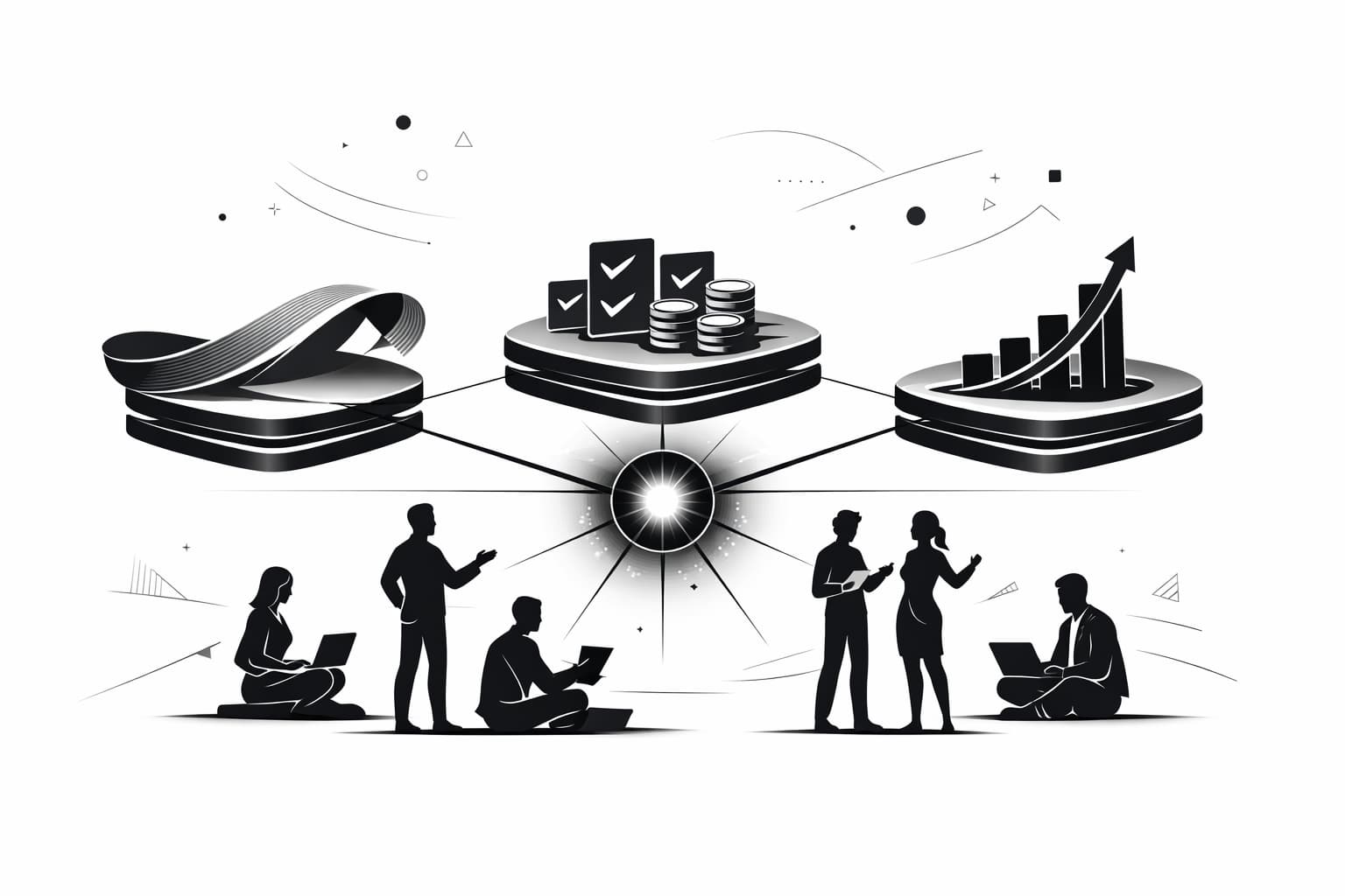 Illustration of DAO hub with salary streams, bounties, and bonus rewards stack