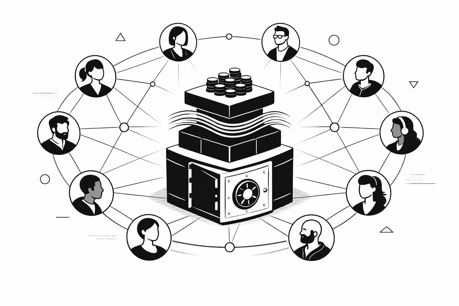 DAO contributor network around a treasury with layered compensation stack illustration
