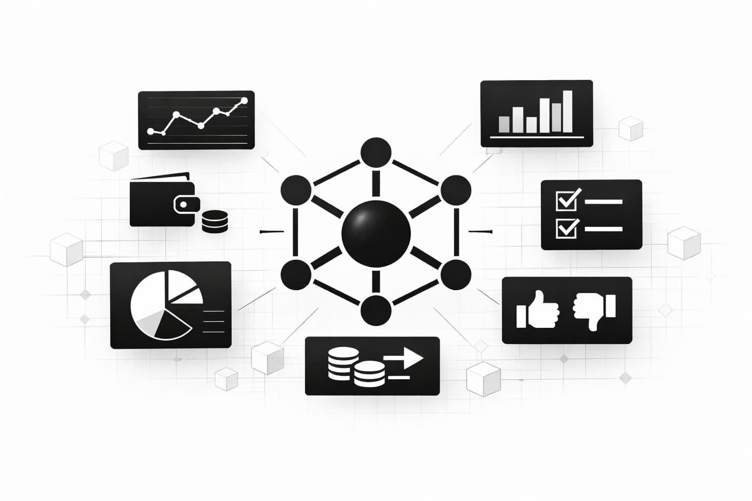 Illustration of a DAO network hub surrounded by on-chain analytics dashboards