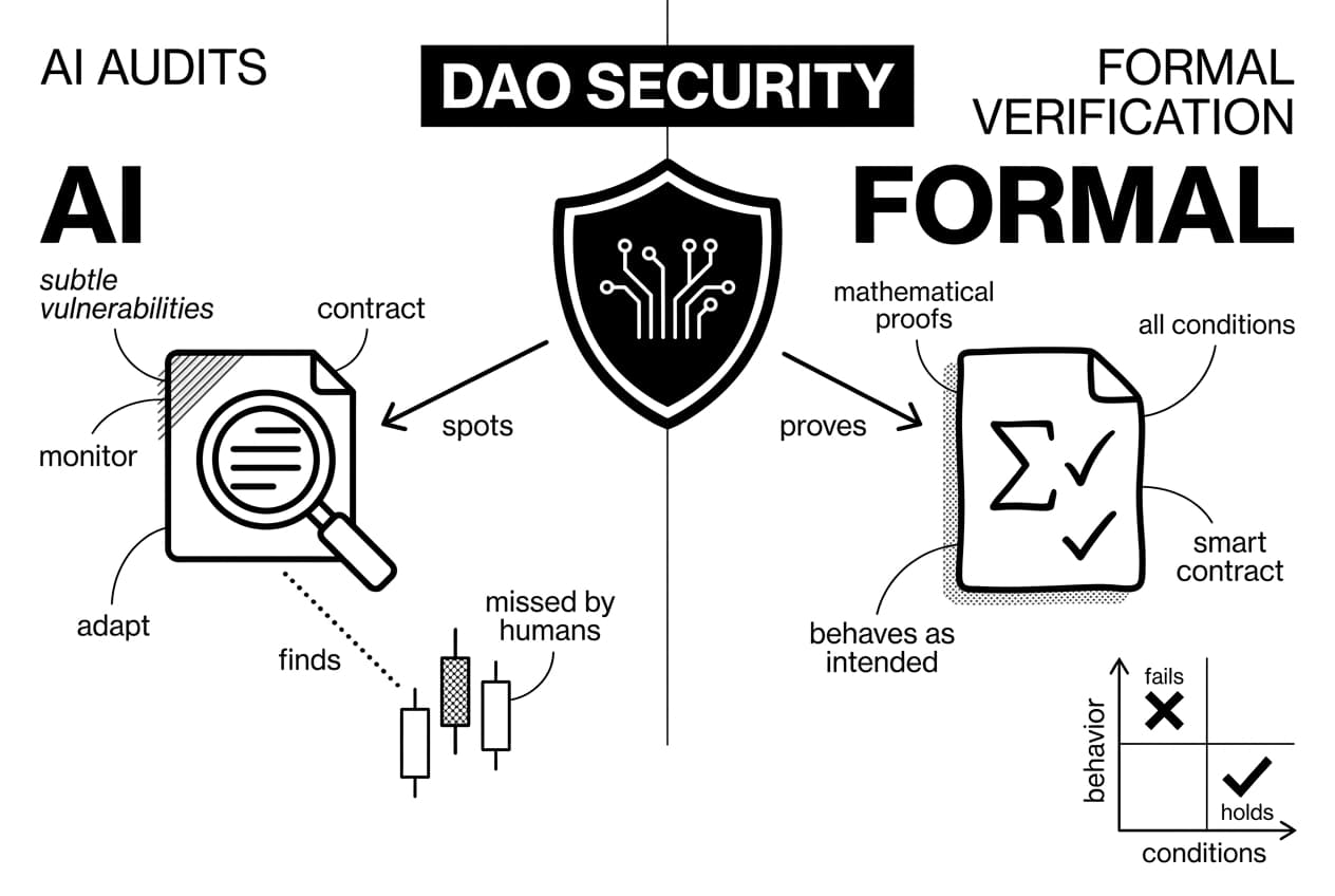 Split infographic comparing AI audits and formal verification for DAO governance exploit prevention.