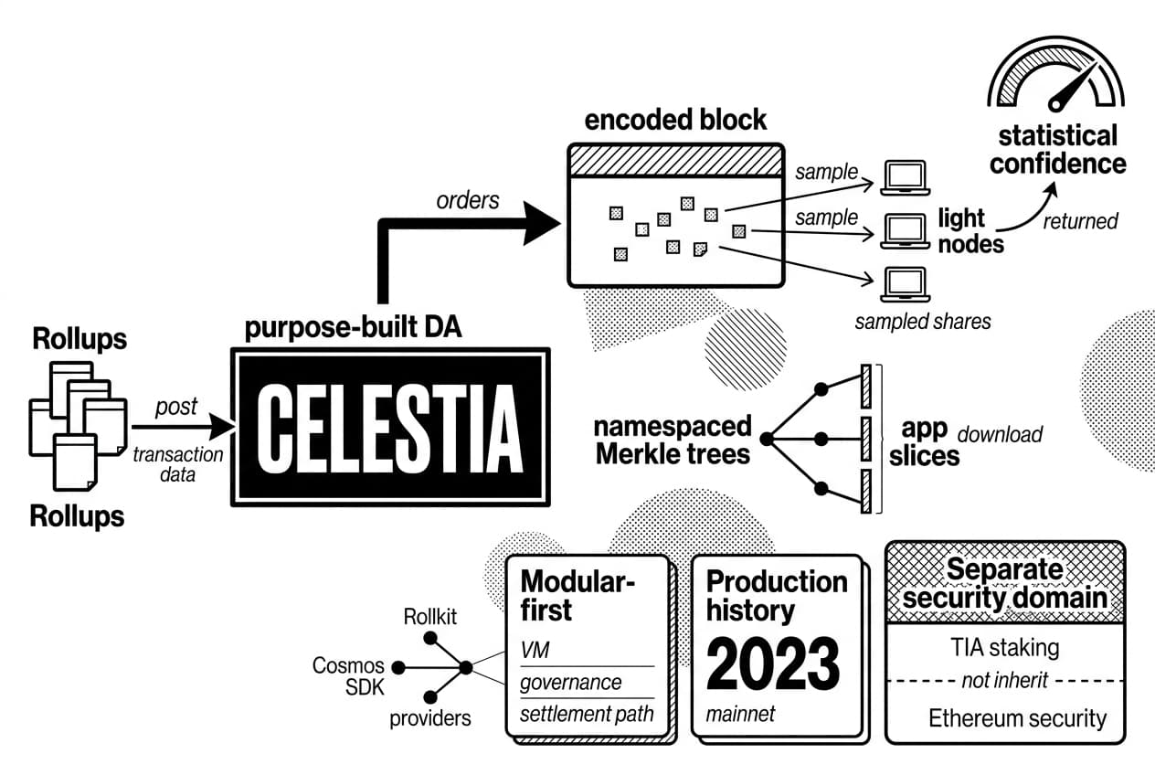 CELESTIA data availability infographic showing rollups, light nodes, TIA staking, and Ethereum separation.
