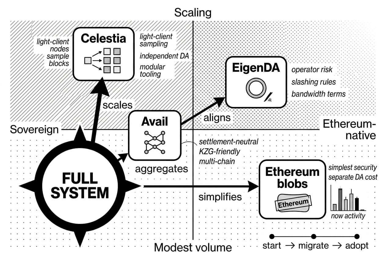 Celestia, EigenDA, Avail, and Ethereum blobs plotted on data availability decision matrix
