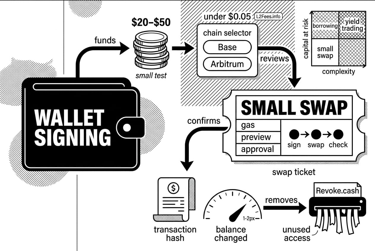 Monochrome DeFi app workflow: wallet signing, Base, Arbitrum, L2Fees.info, Revoke.cash cleanup.