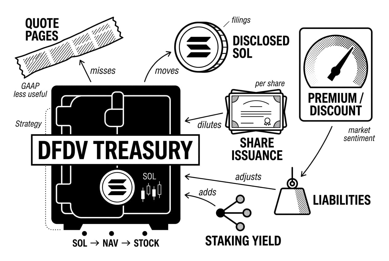 DFDV stock analysis vault diagram links Solana SOL, Strategy comparison, liabilities, and valuation dial.