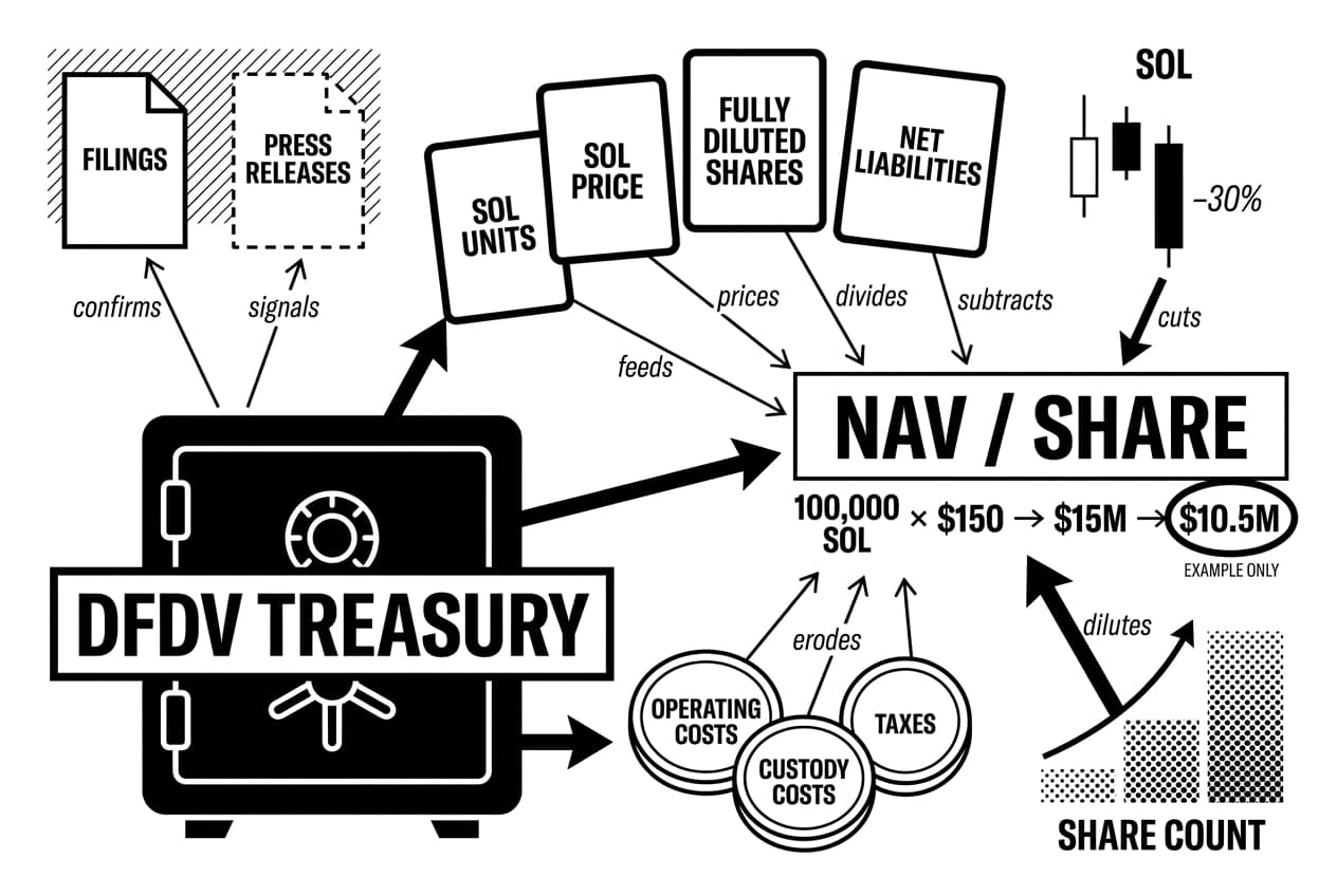 Monochrome DeFi Development Corp stock analysis infographic linking DFDV TREASURY, SOL, and NAV.