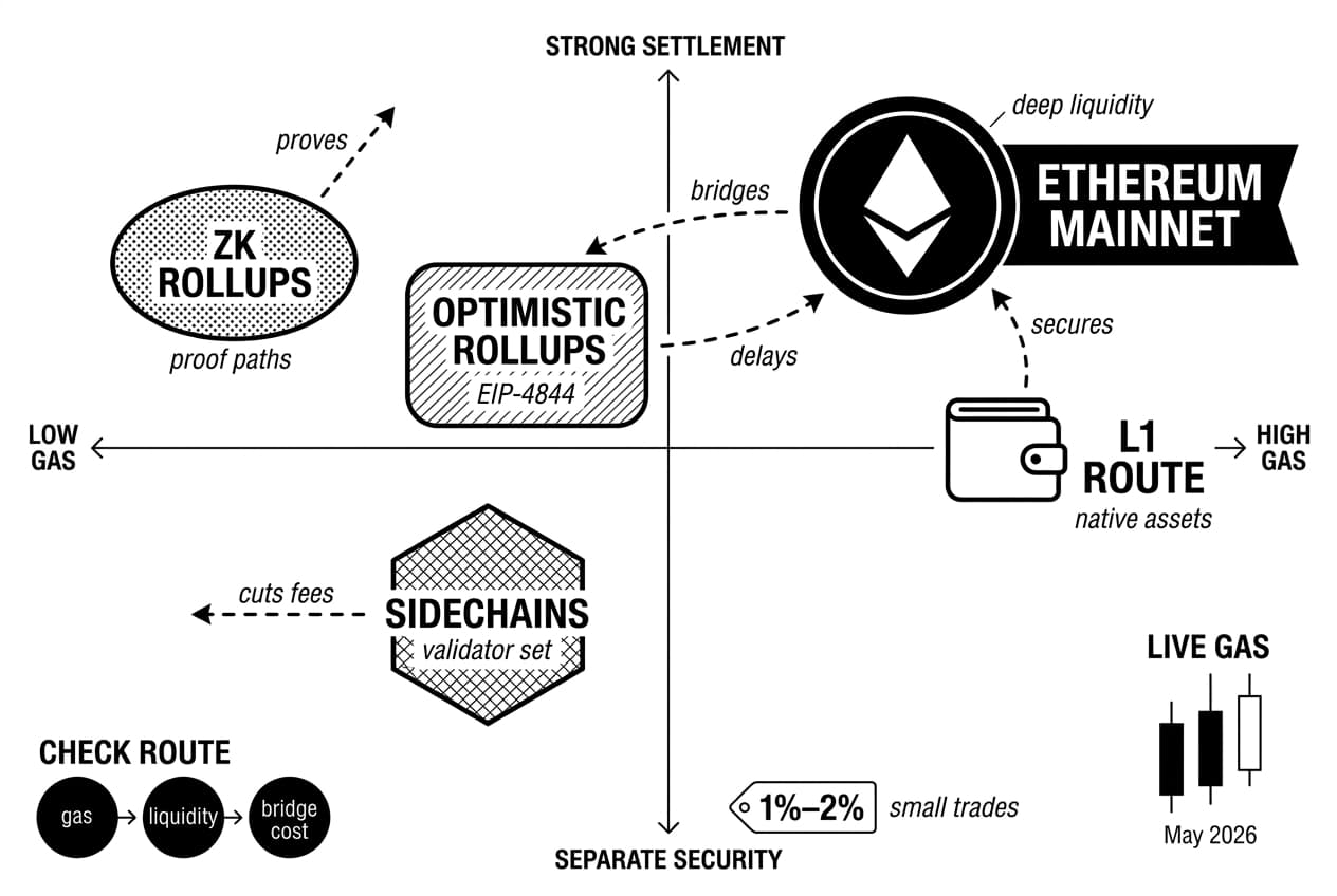 DeFi gas optimization chart plotting Ethereum Mainnet, EIP-4844, Optimistic Rollups, ZK Rollups, and sidechains