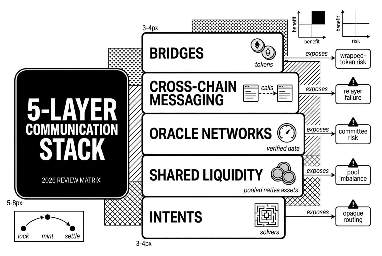 Monochrome DeFi interoperability stack infographic showing bridges, messaging, oracles, liquidity, intents, and risks.