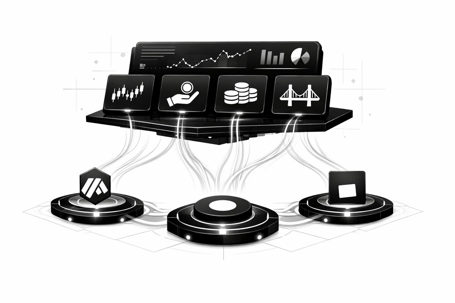 Futuristic DeFi dashboard connecting Arbitrum, Base, and Optimism Layer 2 networks