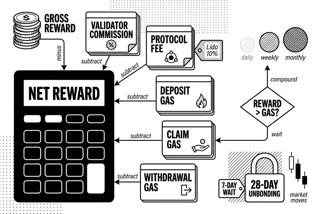 Monochrome DeFi staking calculator flow subtracts fees, gas, and Lido 10% from rewards.