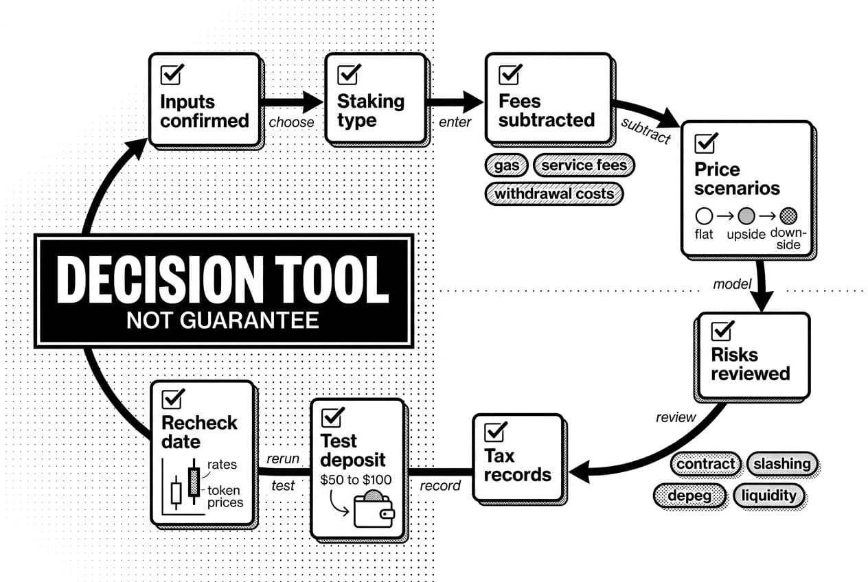 Monochrome DeFi staking calculator decision tool map with checklist cards and arrows