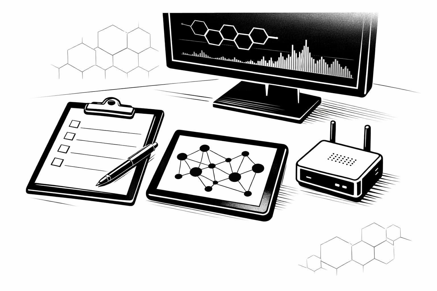 Desk scene with DePIN device, blockchain dashboard, and airdrop checklist tools