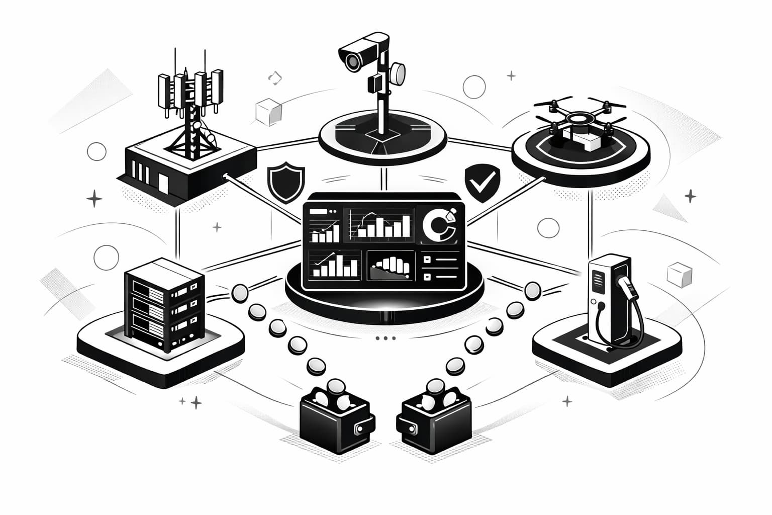 Illustration of DePIN nodes connected to rewards hub and wallets