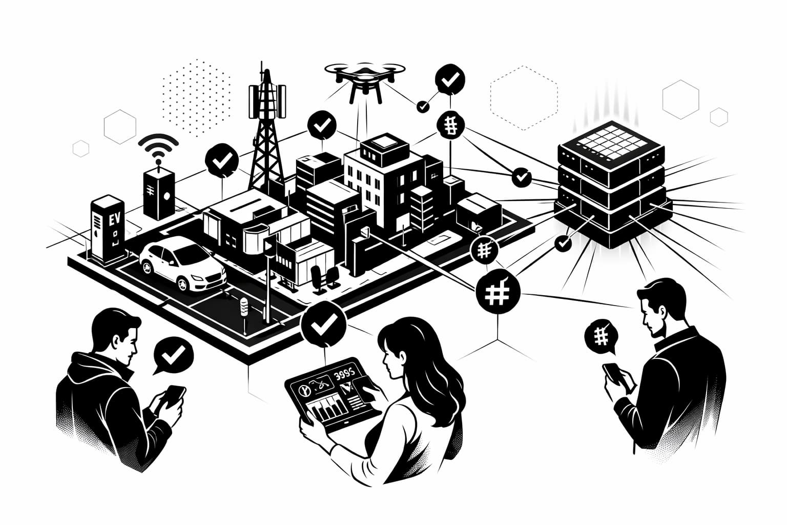 Illustration of DePIN devices connected to blockchain incentives and real-world usage