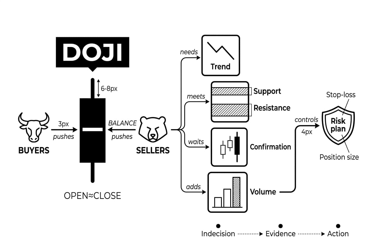 Doji candlestick pattern infographic showing buyers, sellers, filters, and risk planning flow