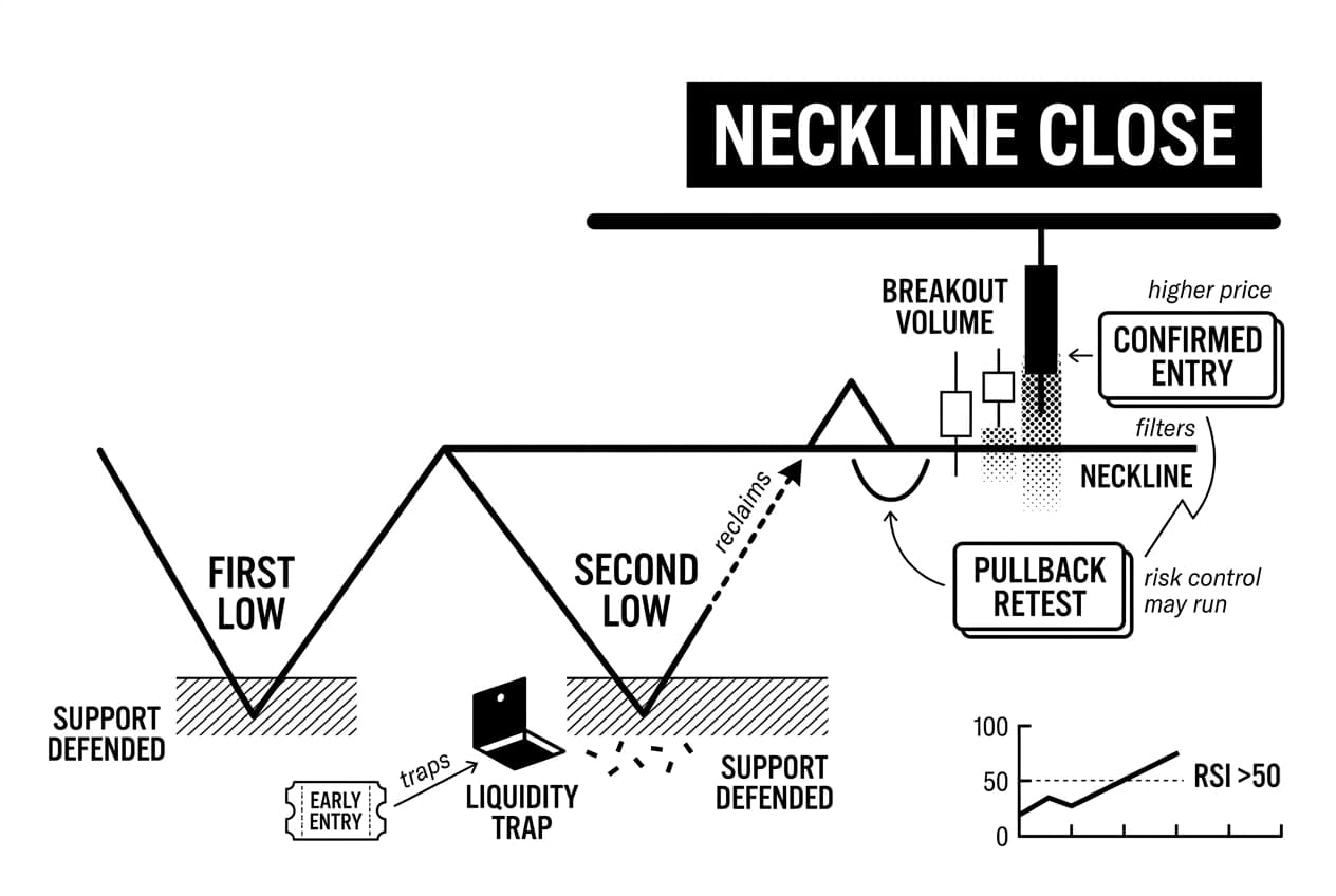 Monochrome double bottom chart pattern infographic showing neckline close and confirmed entries.