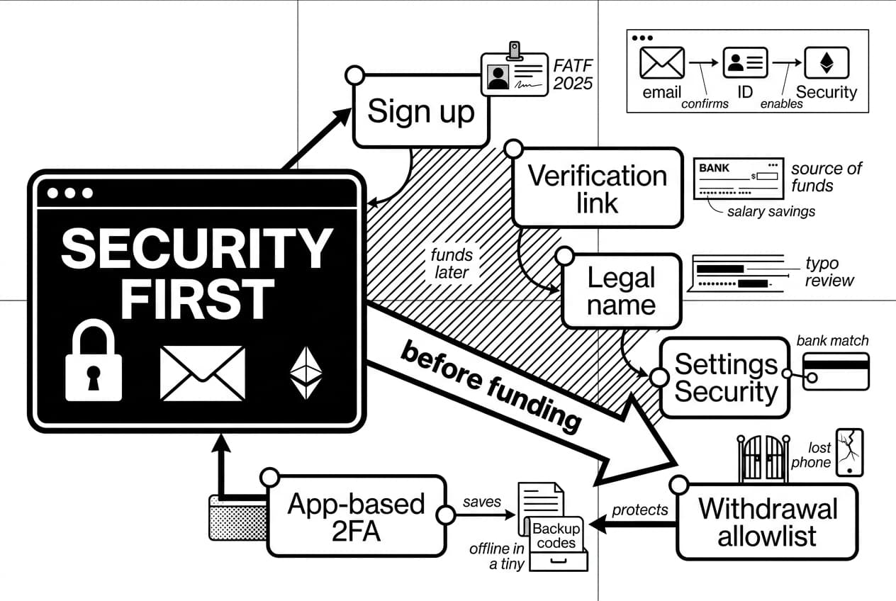 Ethereum beginner diagram shows ETH account security, FATF 2025 checks, and 2FA.