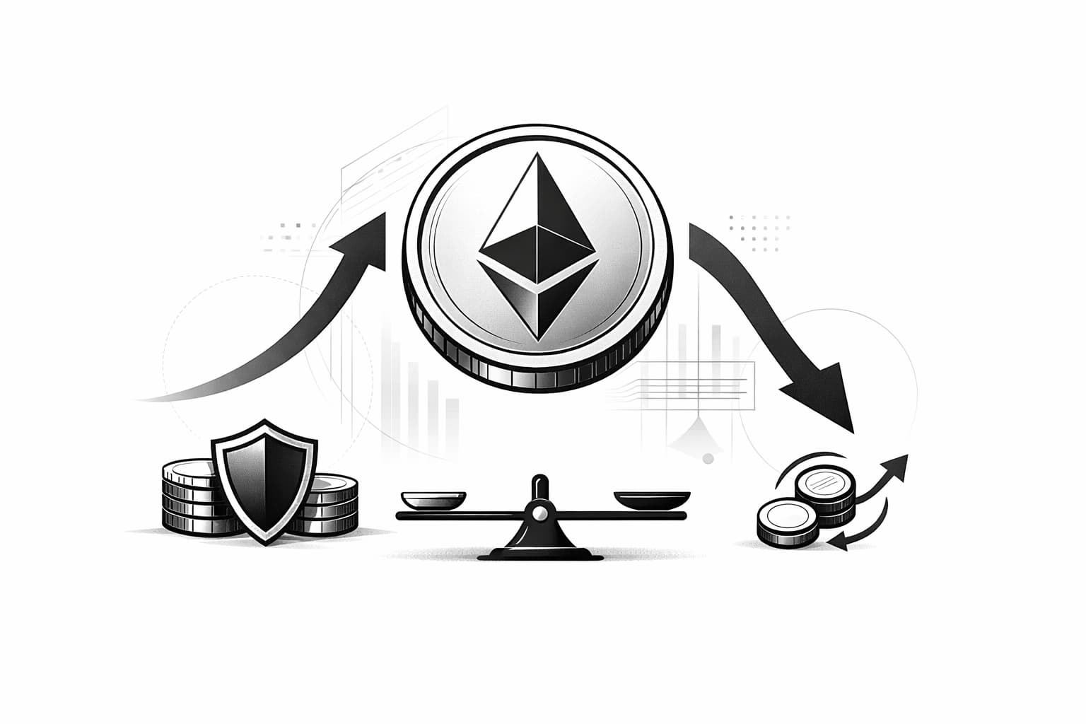 Ethereum coin with call and put paths showing hedging and speculation concepts