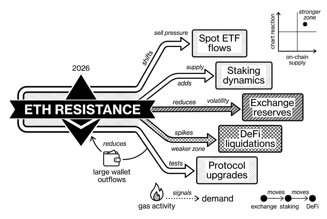 Monochrome ETH resistance flow infographic showing catalysts changing Ethereum resistance levels in 2026.
