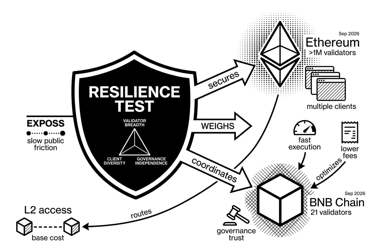 Monochrome shield diagram comparing Ethereum and BNB Chain decentralization, validators, governance, and fees.