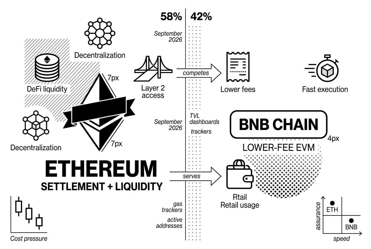 Monochrome Ethereum vs BNB Chain infographic comparing decentralization, liquidity, fees, and retail usage.