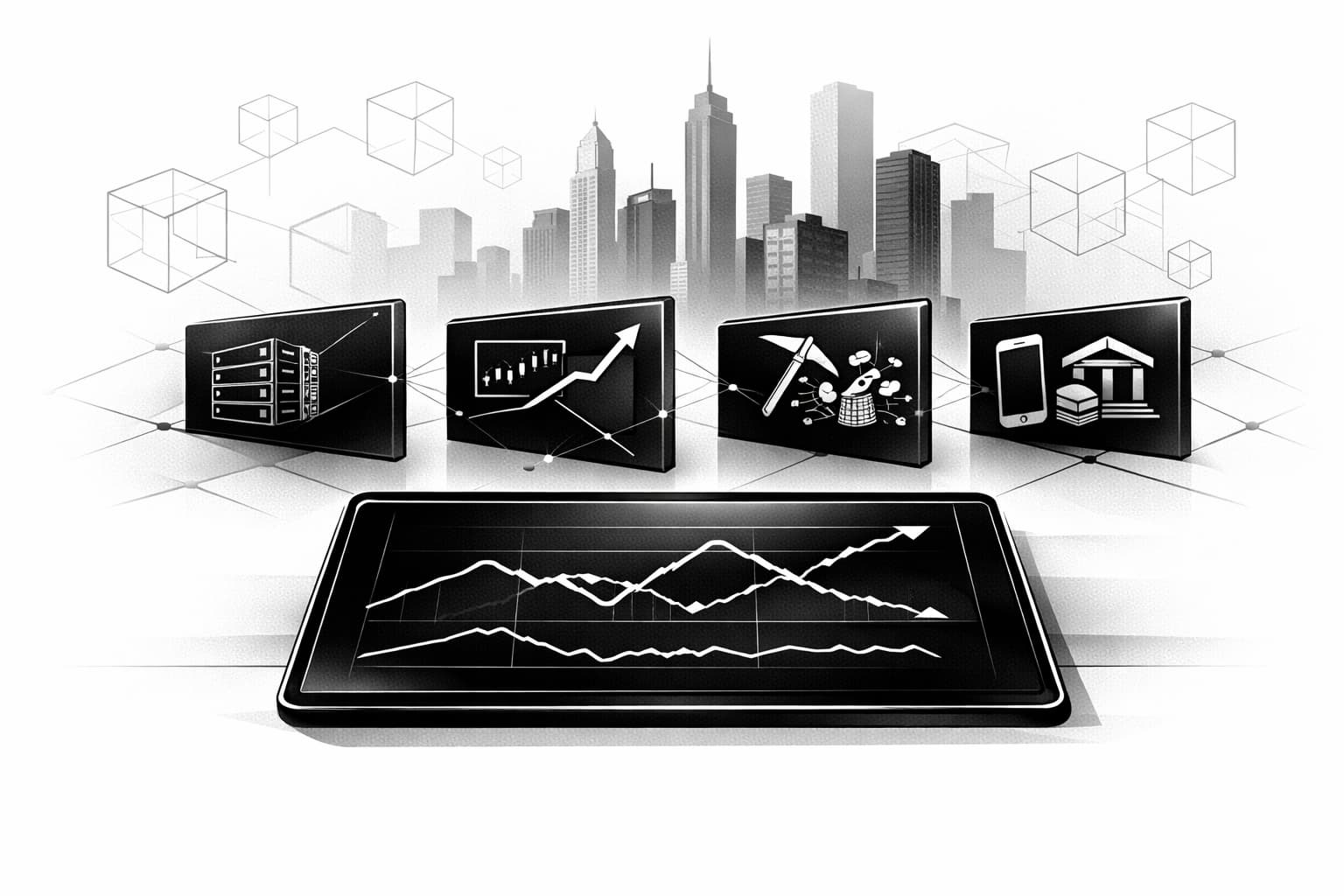 Investor dashboard illustration showing conditional scenarios and FDIG’s crypto-industry exposure