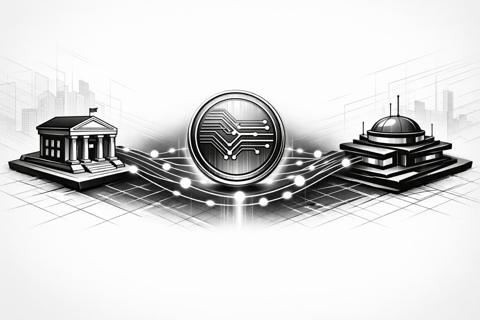 Illustration of a bank connected to a digital stablecoin payment network hub