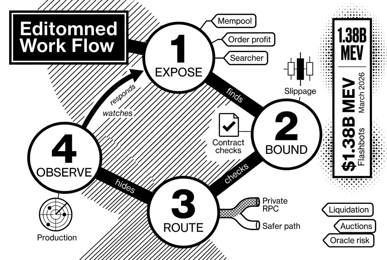 Monochrome workflow diagram for front-running and MEV prevention with Flashbots callout.
