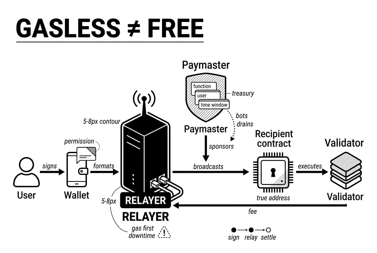 Monochrome gasless transaction architecture shows User, Wallet, RELAYER, Paymaster, Recipient contract, and Validator flow.