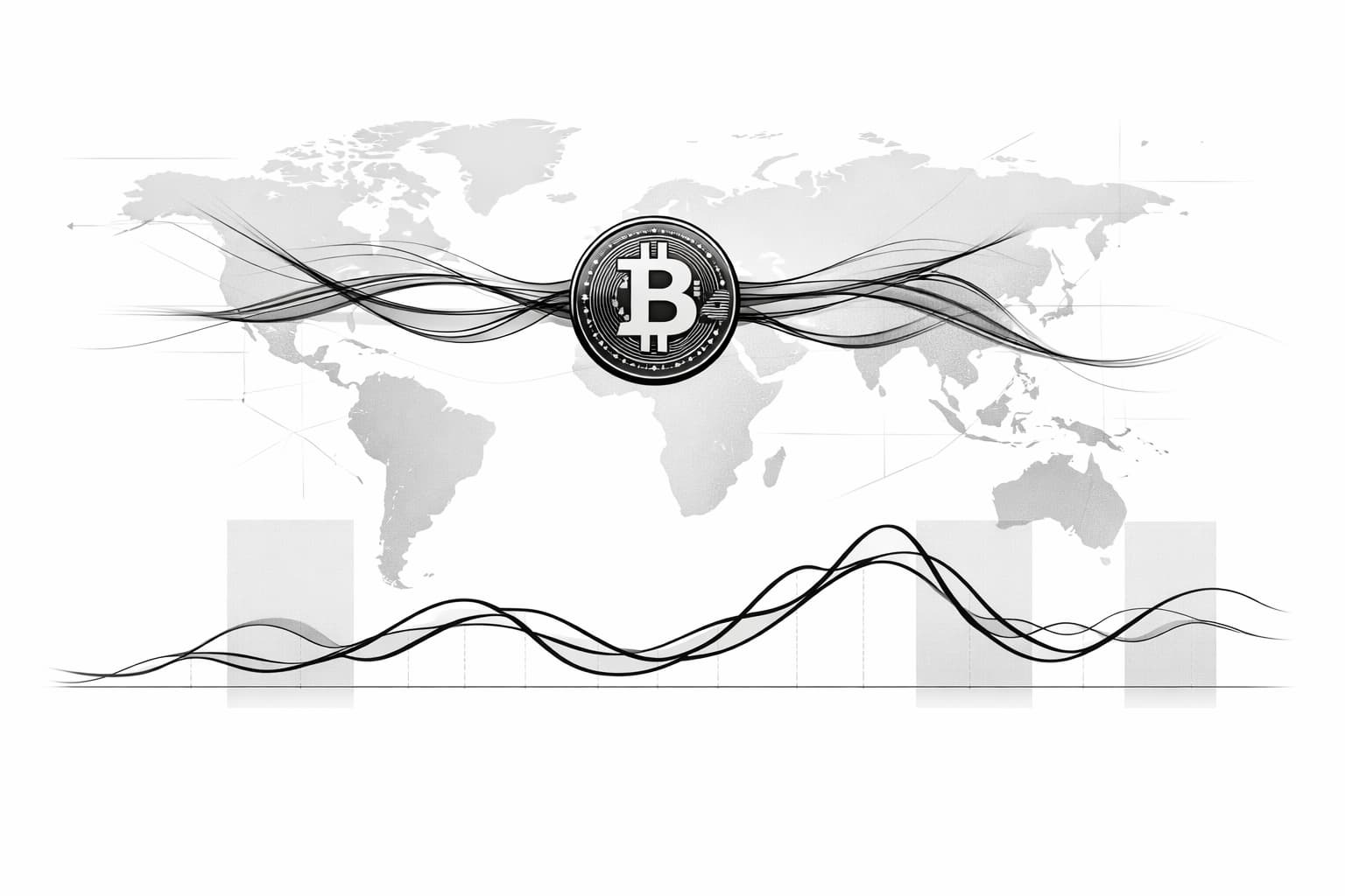 World map with liquidity flows and correlated Bitcoin and M2 trend lines
