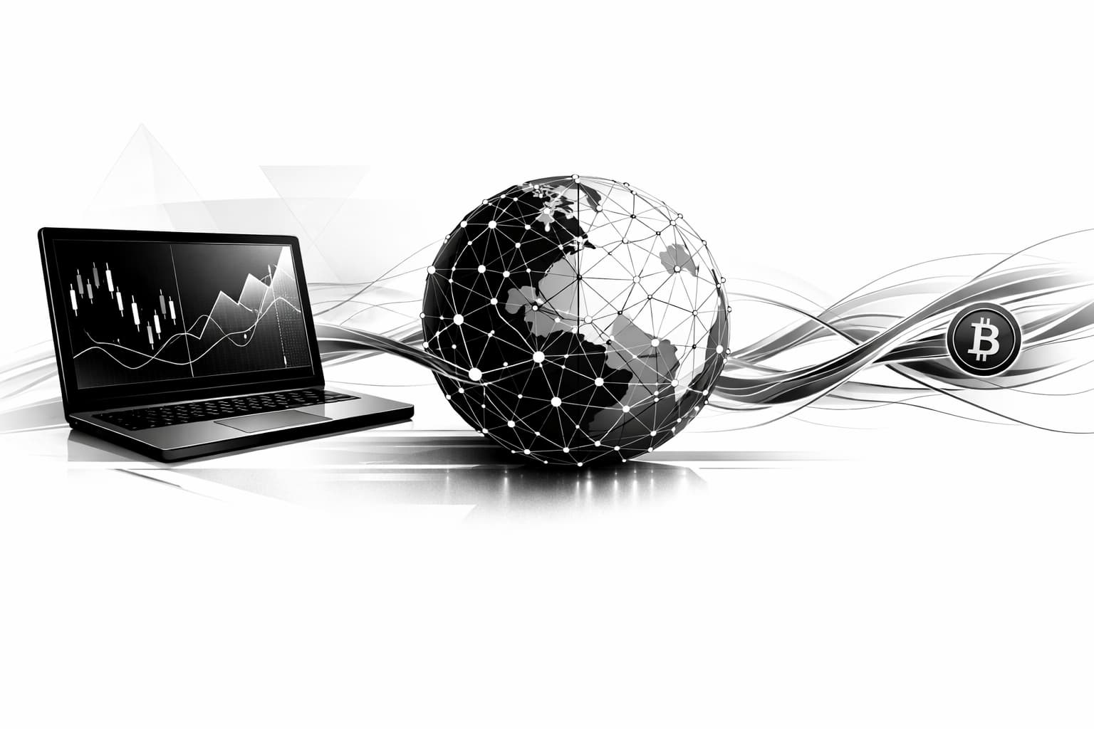 Investor desk with global liquidity flows and Bitcoin icon in macro context