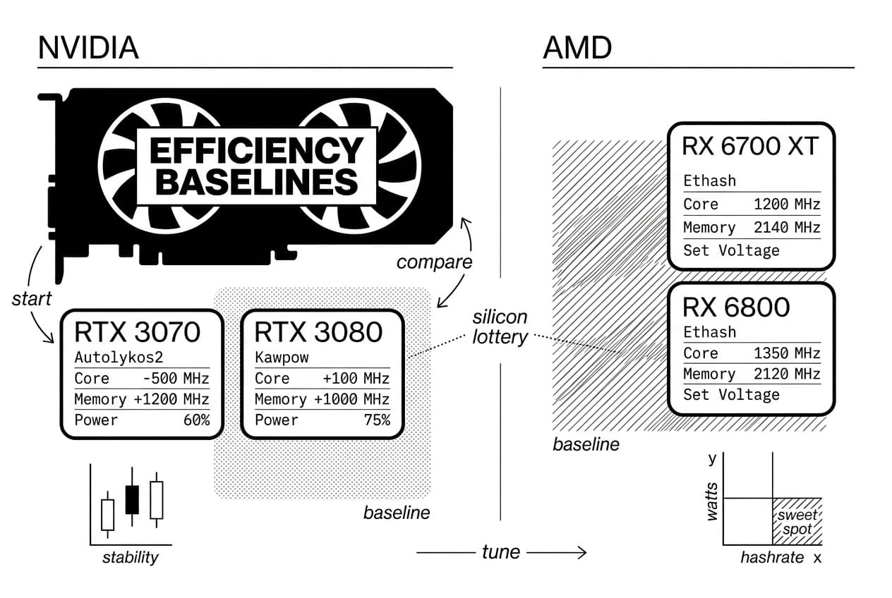 Split infographic comparing NVIDIA and AMD mining overclock settings with efficiency baselines GPU silhouette.