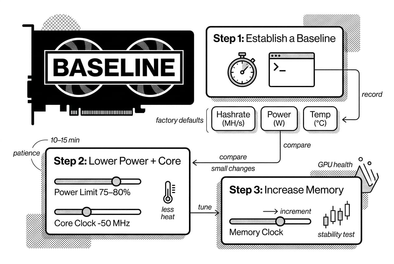 Monochrome diagram showing baseline, power-core reduction, and memory increase steps for GPU mining overclocking.