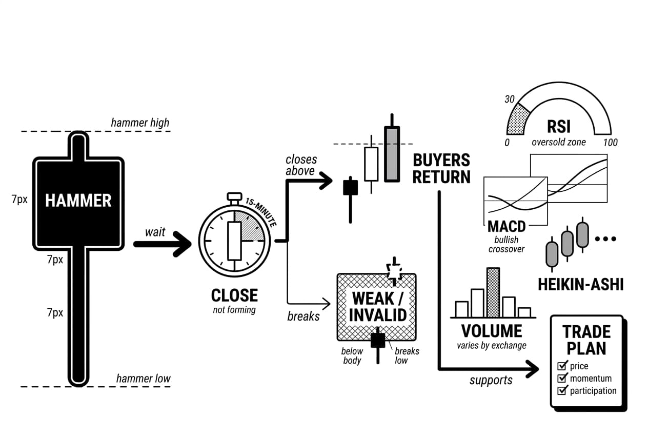 Monochrome flowchart showing hammer candlestick pattern confirmation with CLOSE, RSI, MACD, volume.