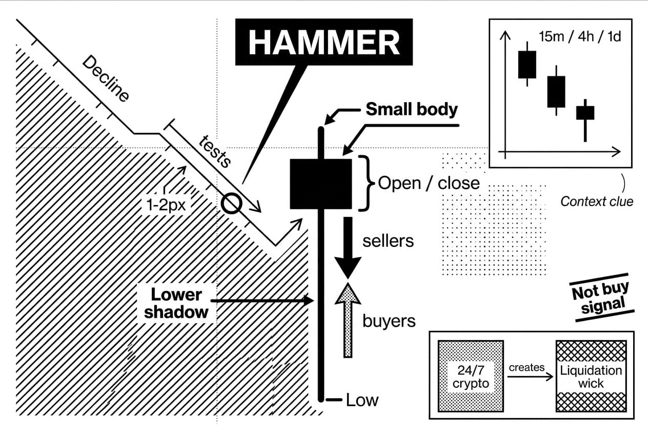 Anatomy diagram of a hammer candlestick bullish reversal showing shadows, buyers, and sellers