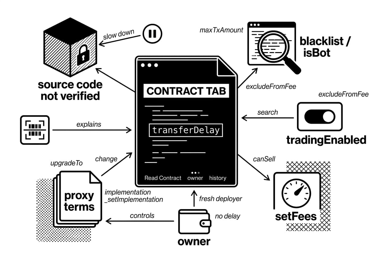 Infographic showing honeypot token contract tab checks for transferDelay and sell restrictions