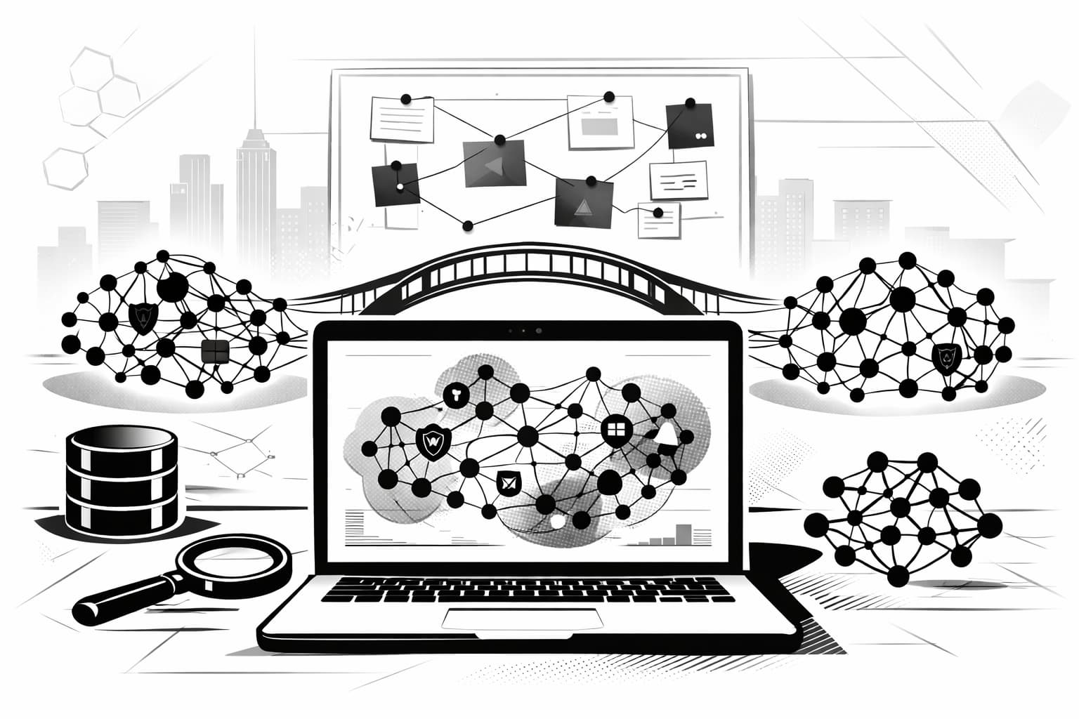 Analyst reviewing clustered blockchain transaction graph with risk scoring and cross-chain links
