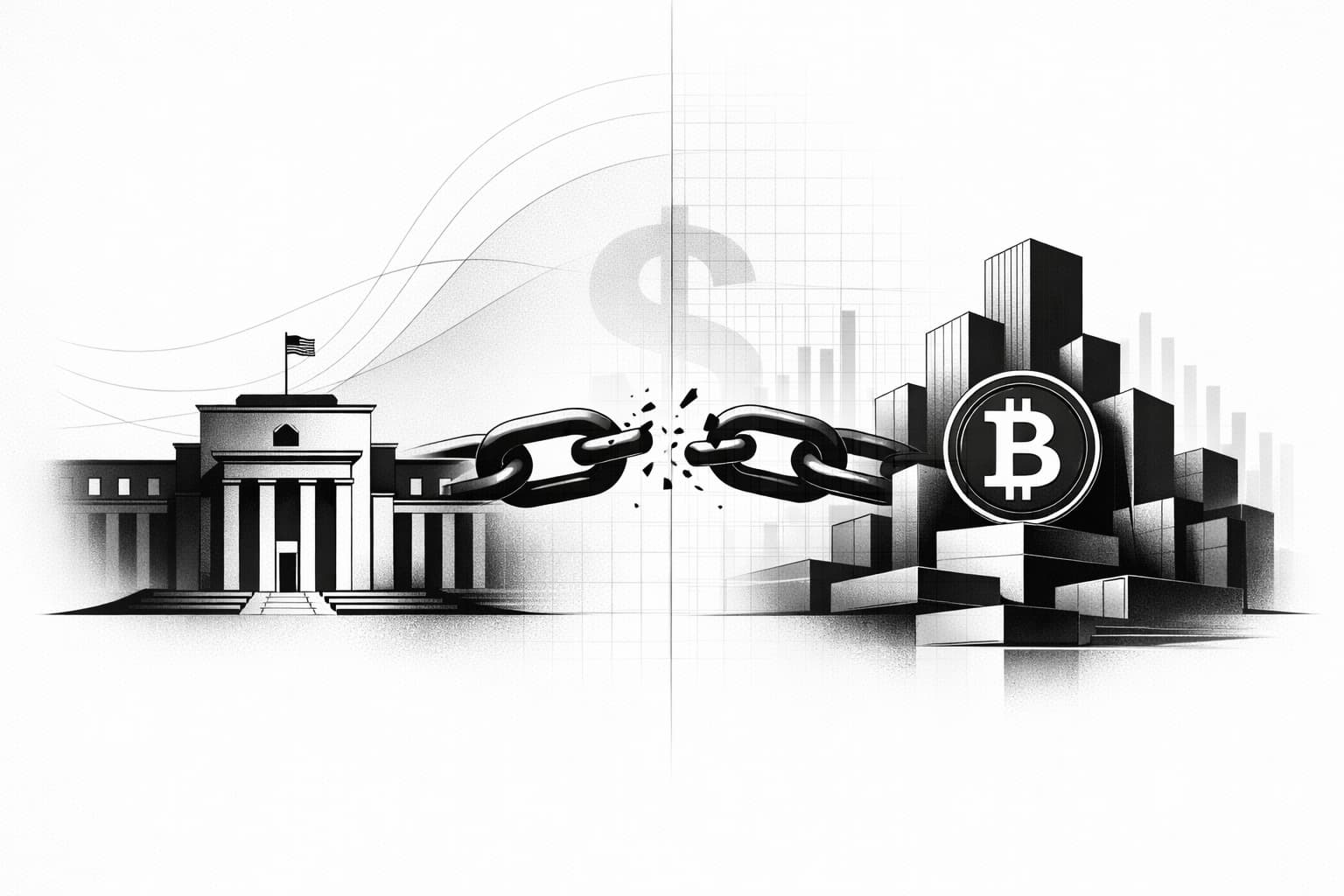 Illustration of Bitcoin and Federal Reserve influence, showing partial decoupling concept
